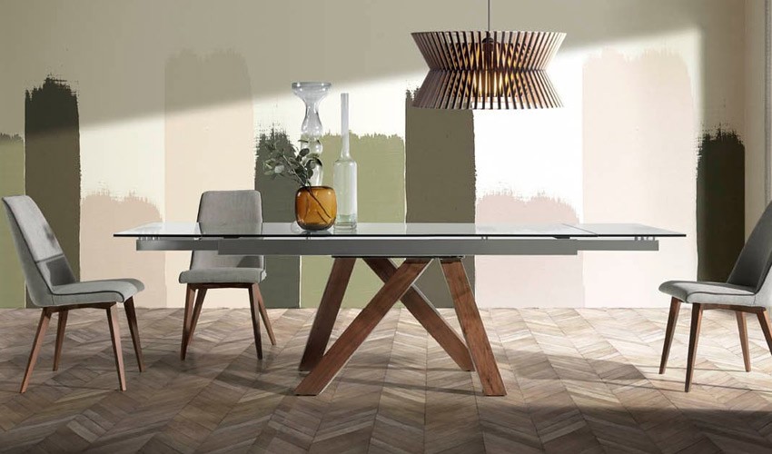 Mesa comedor Extensible con Tapa de Cristal y patas de Madera