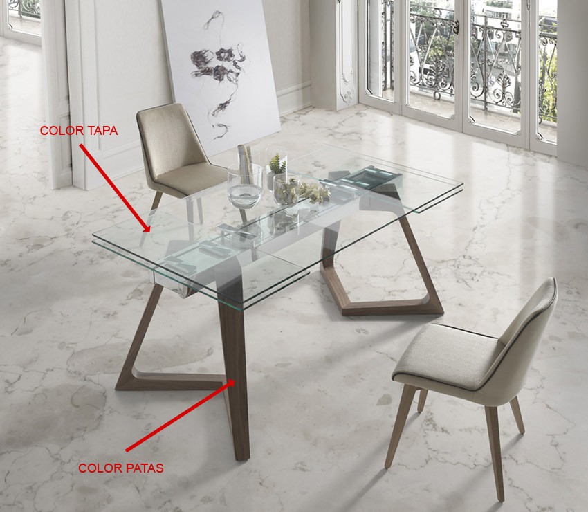 Mesa comedor Extensible con Tapa de Cristal y patas de Madera