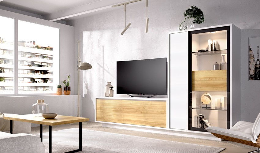 Salón moderno con módulo televisión, vitrina y altillo Ref YD29