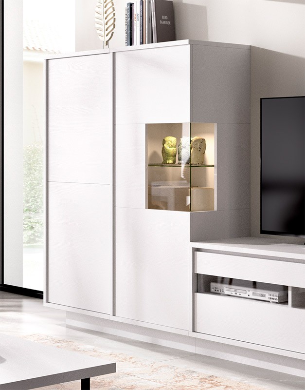 Salón moderno con módulo televisión, módulo vertical con puerta y estante  Ref YD36