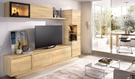 Salón moderno con módulo televisión, módulo bajo, módulo vertical con puerta, altillo y estante Ref YD43