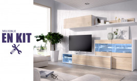 Salón moderno con módulo televisión, vitrina, módulo golgante y estante Ref YK59