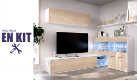 Salón moderno rincón con módulo televisión, vitrina, módulo golgante y estante Ref YK60