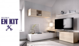 Salón moderno rincón con módulo televisión, módulo golgante y estante Ref YK65