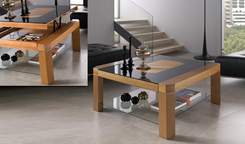 Mesa de Centro elevable con tapa cristal y detalle en madera