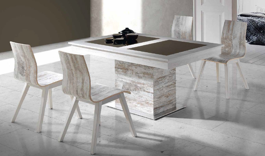 Mesa de Comedor de diseño extensible con tapa de madera y detalle en cristal Ref R87000