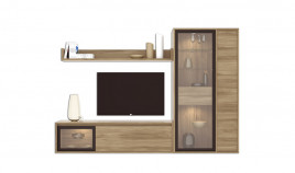 Salón moderno con módulo bajo con puerta, vitrina y estantería Ref YD1085