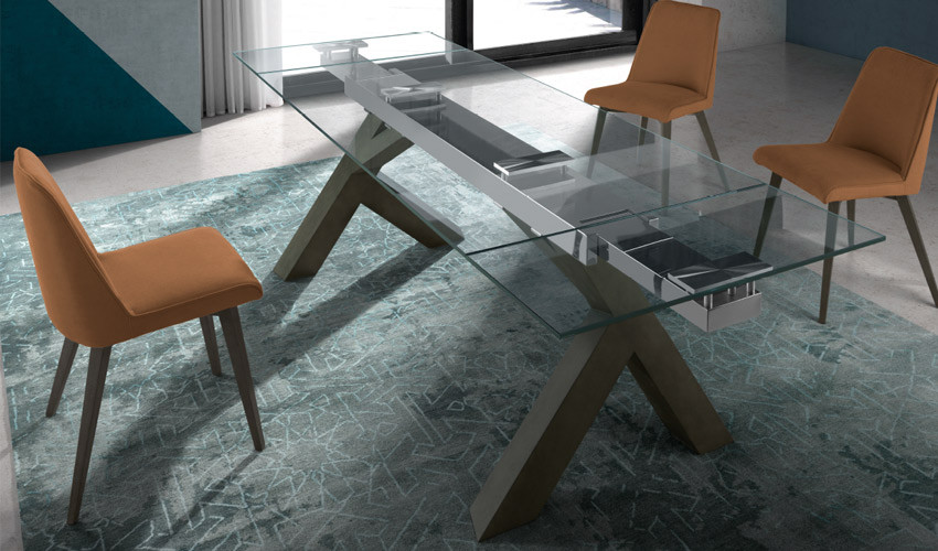 Mesa comedor Extensible con Tapa cristal y patas de madera Ref Q43000