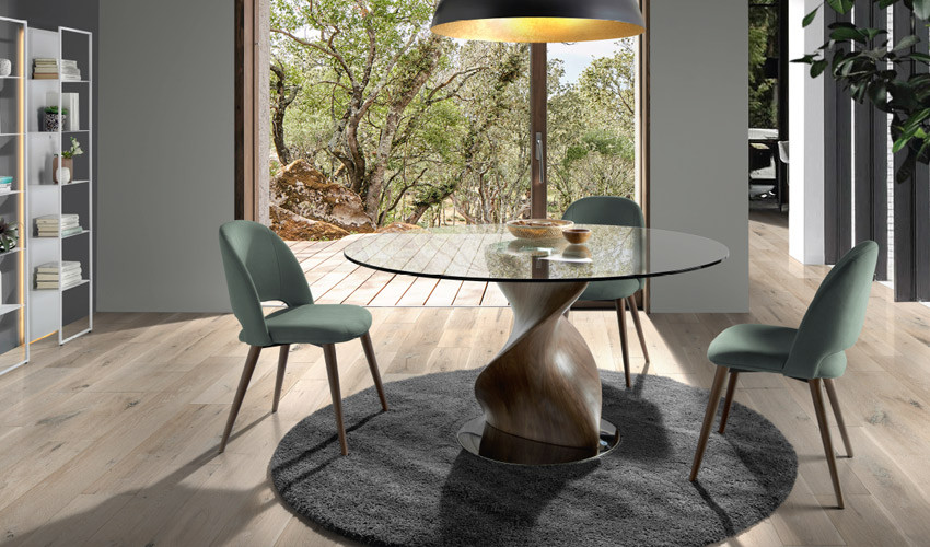 Mesa comedor redonda con Tapa cristal y pata torneada de madera Ref Q44000