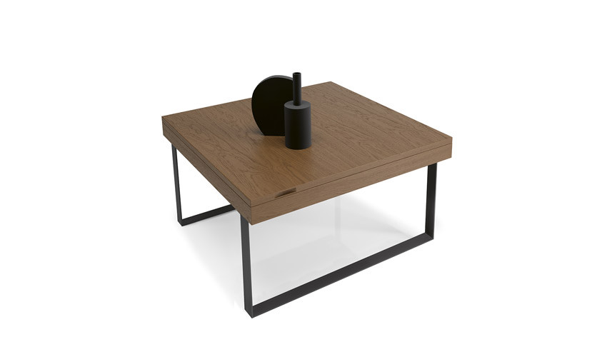 Mesa de centro con tapa elevable fabricada en chapa de madera de roble con  acabado en nogal americano.