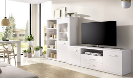 Salón moderno con módulo bajo, vitrina y estantería Ref YT23
