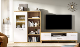 Salón moderno con módulo bajo, vitrina y estantería Ref YT28