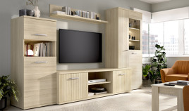 Salón moderno con módulo bajo, vitrina, armario y estante Ref YT29
