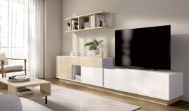 Salón moderno con módulos bajos con puertas y cajones y estantería Ref YD2501