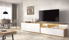 Salón moderno con módulos bajos con puertas, cajones y soporte tv Ref YD2502