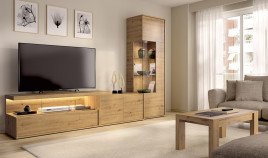 Salón moderno con módulos bajos, soporte tv y vitrina Ref YD2512