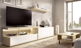 Salón moderno con módulos bajos con puertas, cajones y soporte tv Ref YD2525