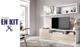 Salón moderno con módulo televisión, módulo colgante y estante Ref YK70