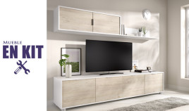 Salón moderno con módulo televisión, módulo colgante y estante Ref YK71