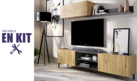 Salón moderno con módulo televisión, módulo colgante y estante Ref YK74