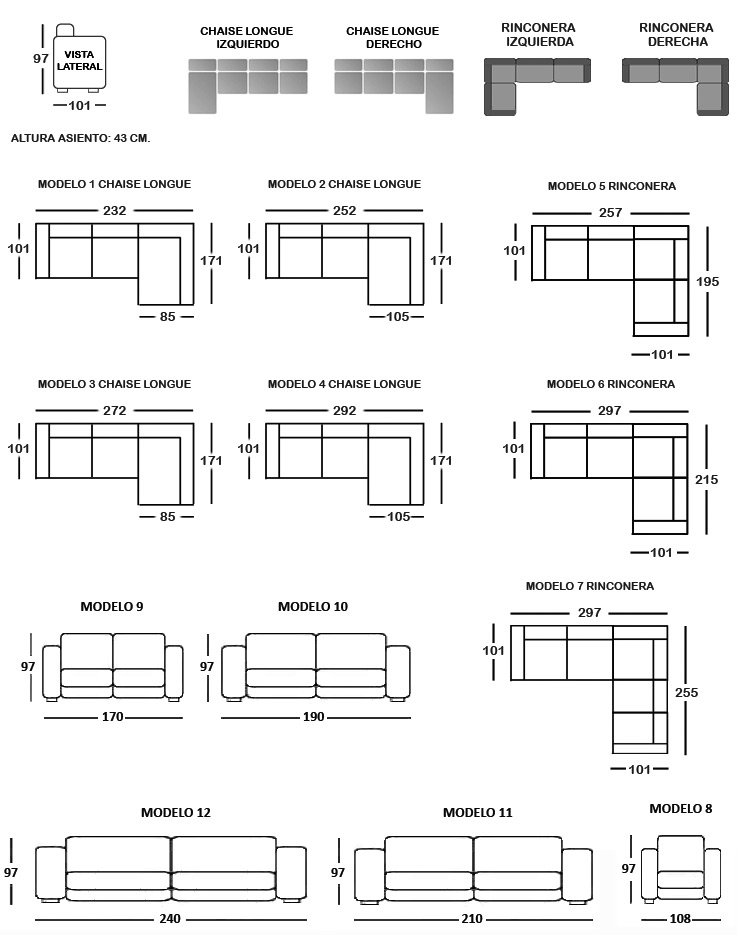 Sofá Chaiselongue disponible en 3, 2 y 1 plaza con opción Rinconera